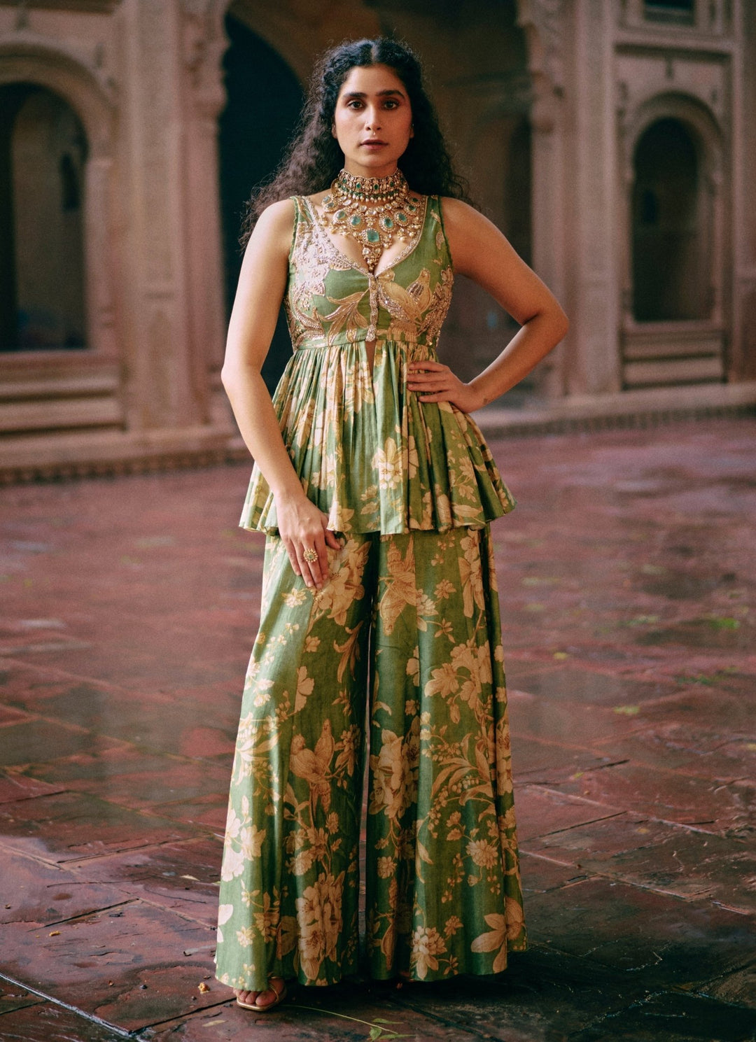 Green Printed Silk Peplum Kurta Palazzo Set Paulmi and Harsh - Fabilicious Fashion