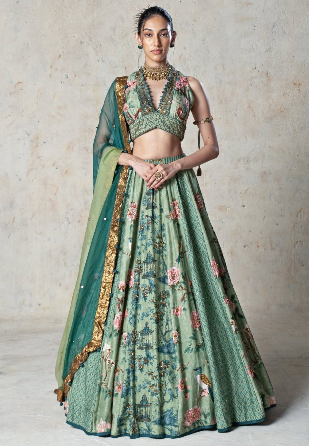 Basil Leaf Green Printed Tussar Lehenga SetFabilicious Fashion