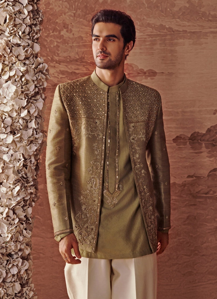Contrast by Parth Green Raw Silk Jacket SetFabilicious Fashion