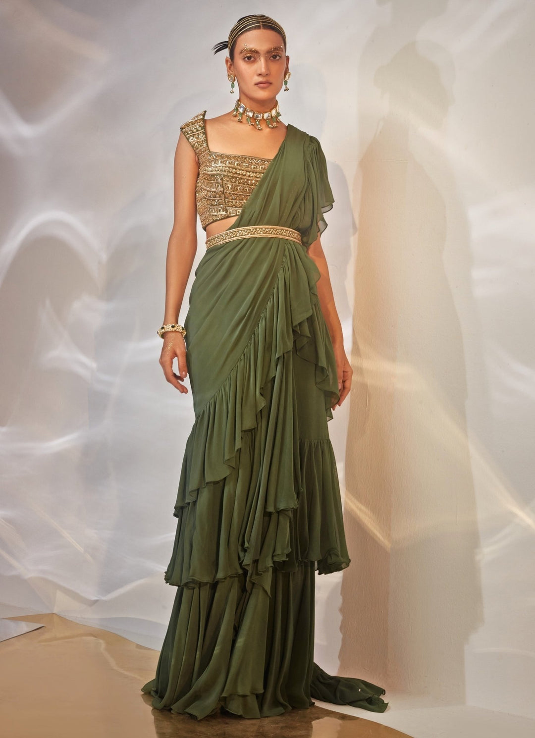 Green Ruffled Georgette Saree Set Akara - Fabilicious Fashion