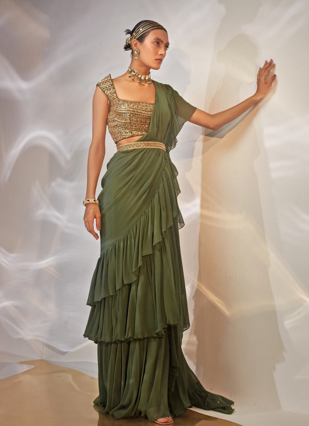 Green Ruffled Georgette Saree Set Akara - Fabilicious Fashion