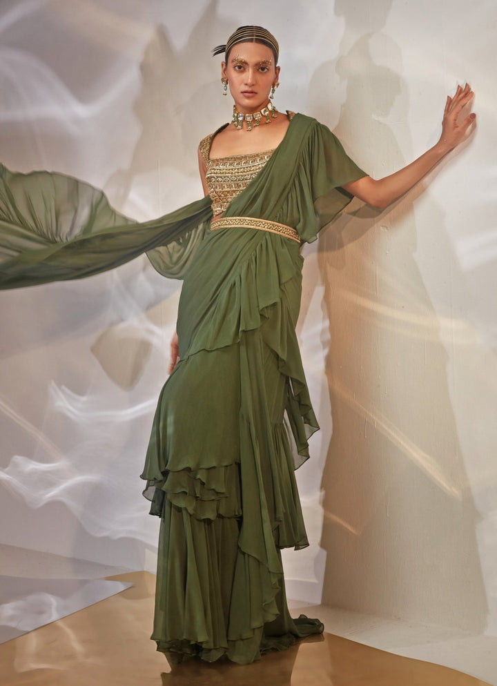 Green Ruffled Georgette Saree Set Akara - Fabilicious Fashion