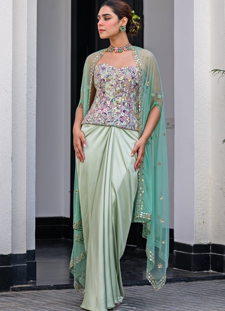 Green Satin Dhoti Skirt With Mirror Work Corset And Cape Juhi Bengani - Fabilicious Fashion