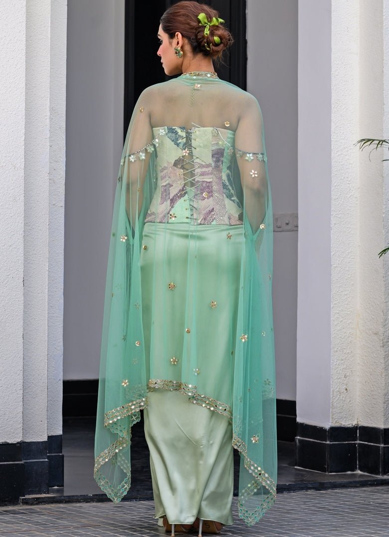 Green Satin Dhoti Skirt With Mirror Work Corset And Cape Juhi Bengani - Fabilicious Fashion