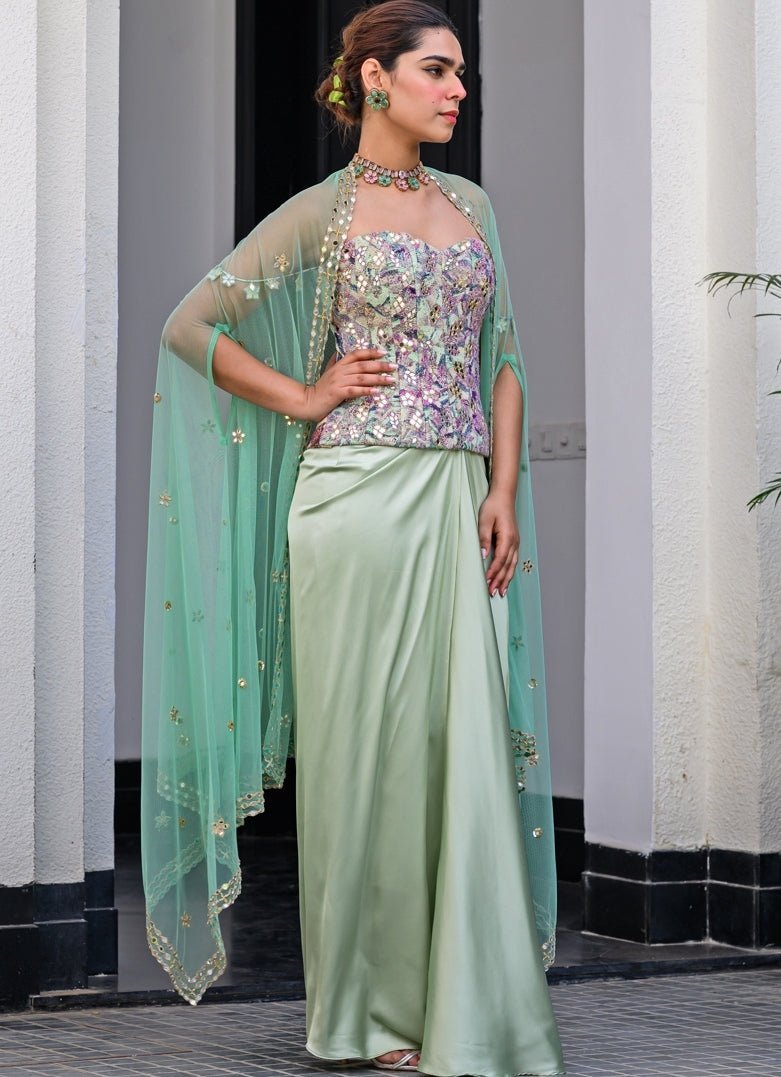Green Satin Dhoti Skirt With Mirror Work Corset And Cape Juhi Bengani - Fabilicious Fashion