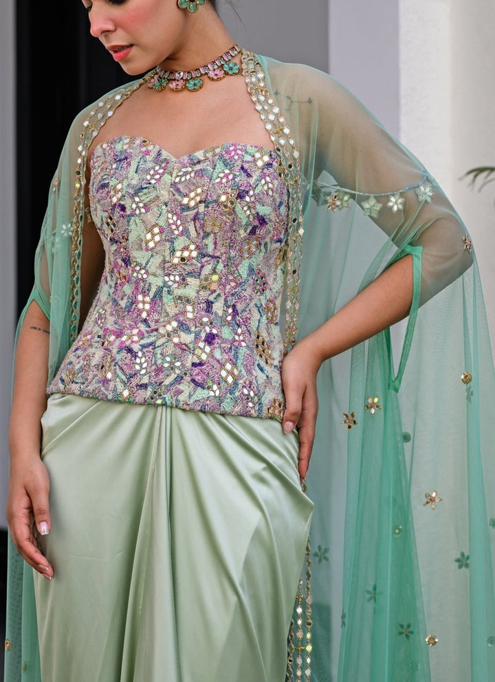 Green Satin Dhoti Skirt With Mirror Work Corset And Cape Juhi Bengani - Fabilicious Fashion