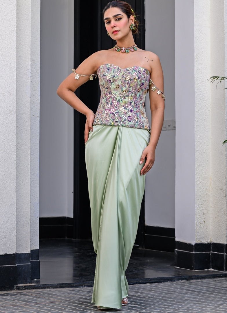 Green Satin Dhoti Skirt With Mirror Work Corset Juhi Bengani - Fabilicious Fashion