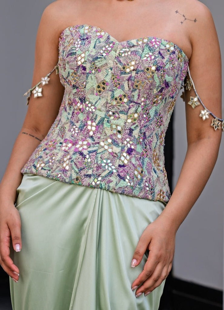 Green Satin Dhoti Skirt With Mirror Work Corset Juhi Bengani - Fabilicious Fashion
