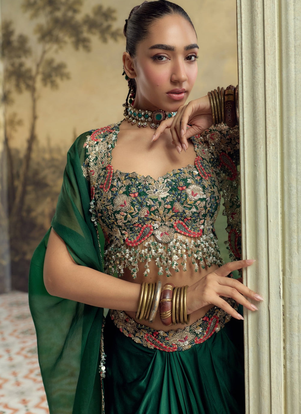 Prisho Green Satin Drape Skirt Set With CapeFabilicious Fashion