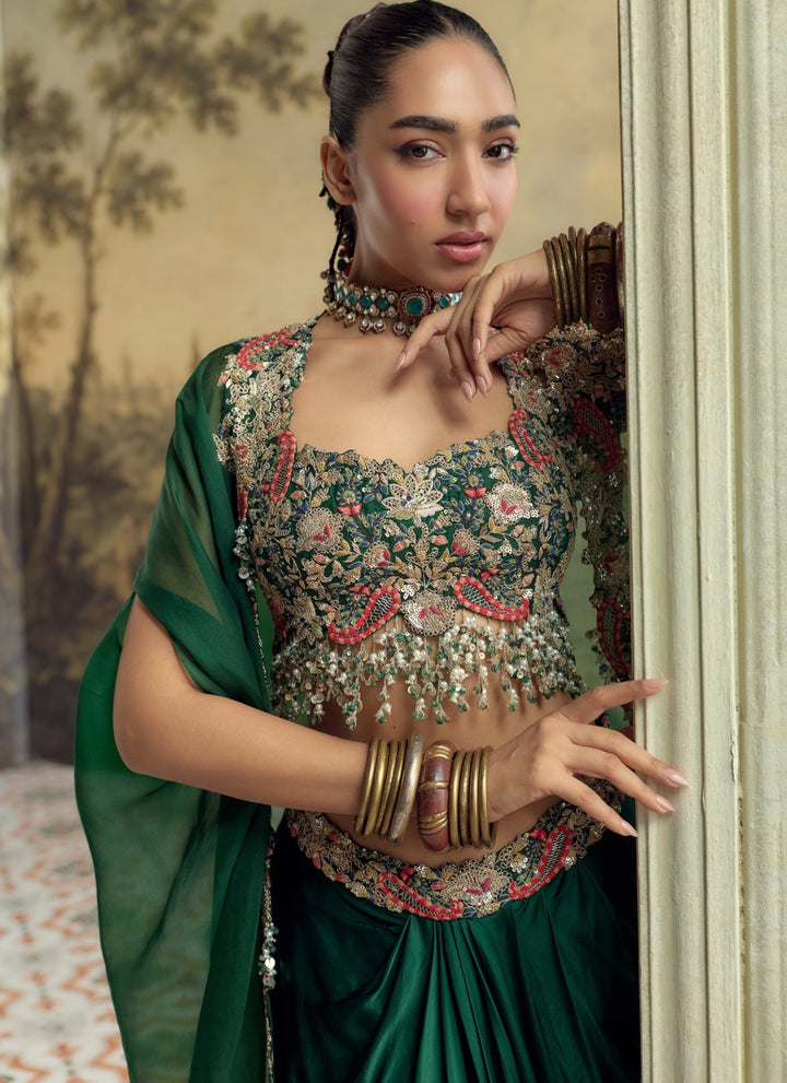 Prisho Green Satin Drape Skirt Set With CapeFabilicious Fashion