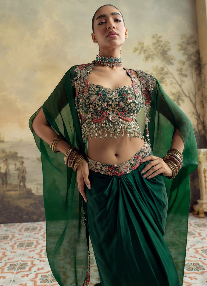 Prisho Green Satin Drape Skirt Set With CapeFabilicious Fashion