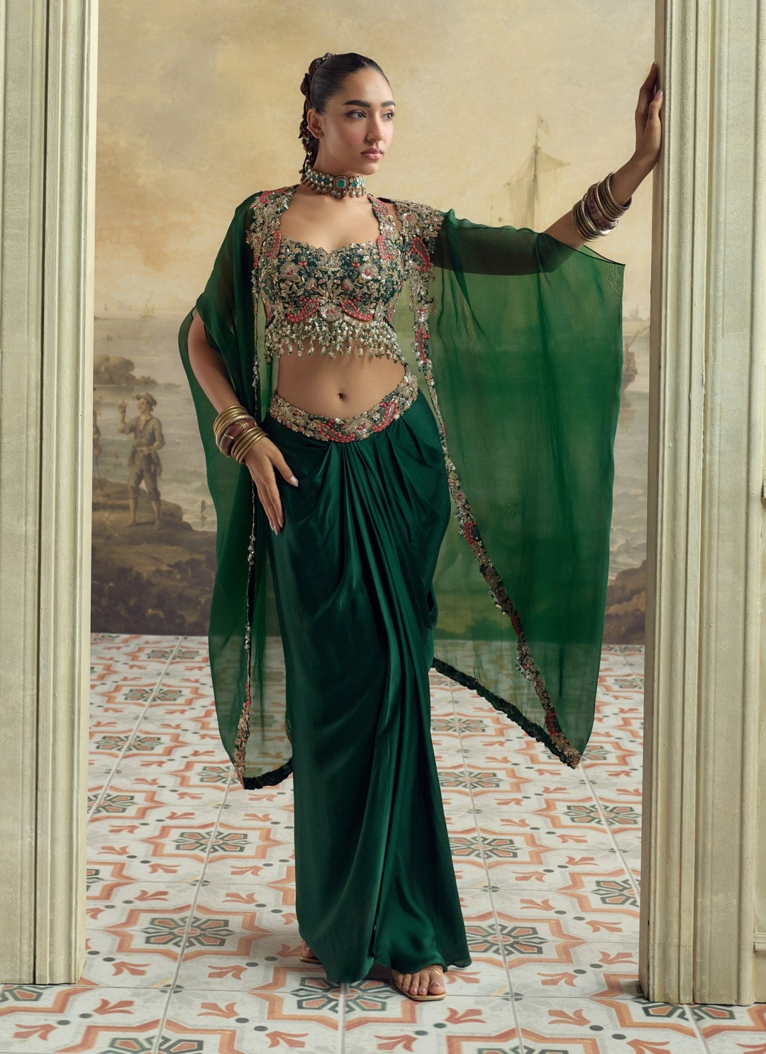 Prisho Green Satin Drape Skirt Set With CapeFabilicious Fashion