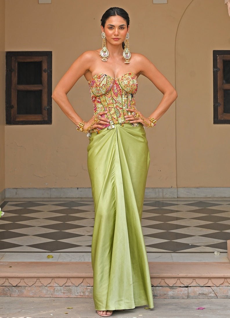 Green Satin Drape Skirt With Corset Juhi Bengani - Fabilicious Fashion