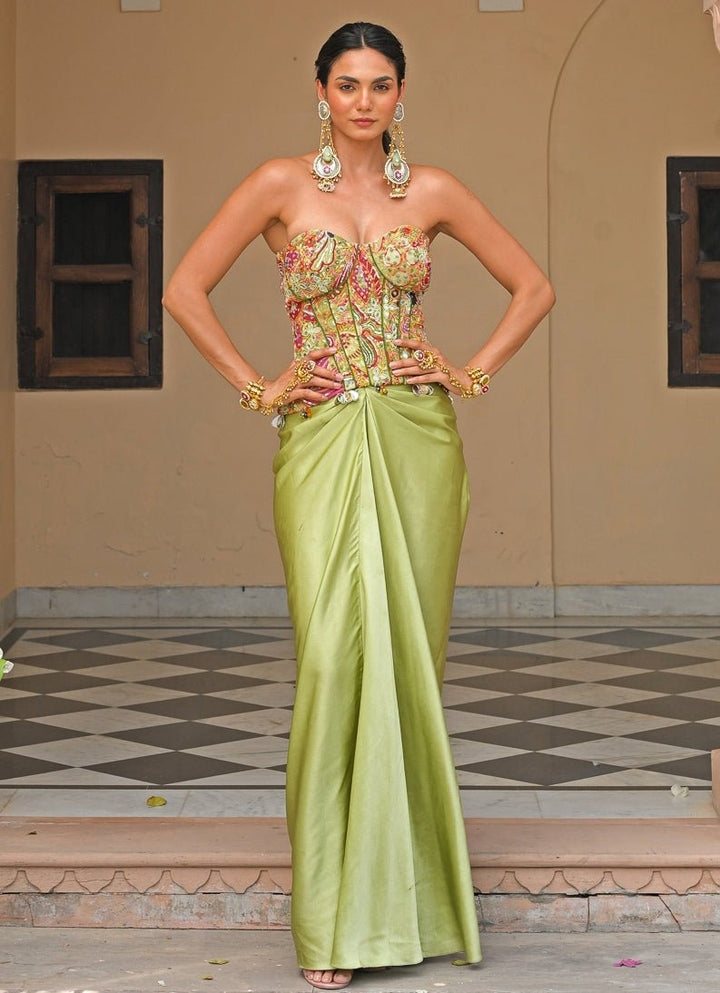 Green Satin Drape Skirt With Corset Juhi Bengani - Fabilicious Fashion