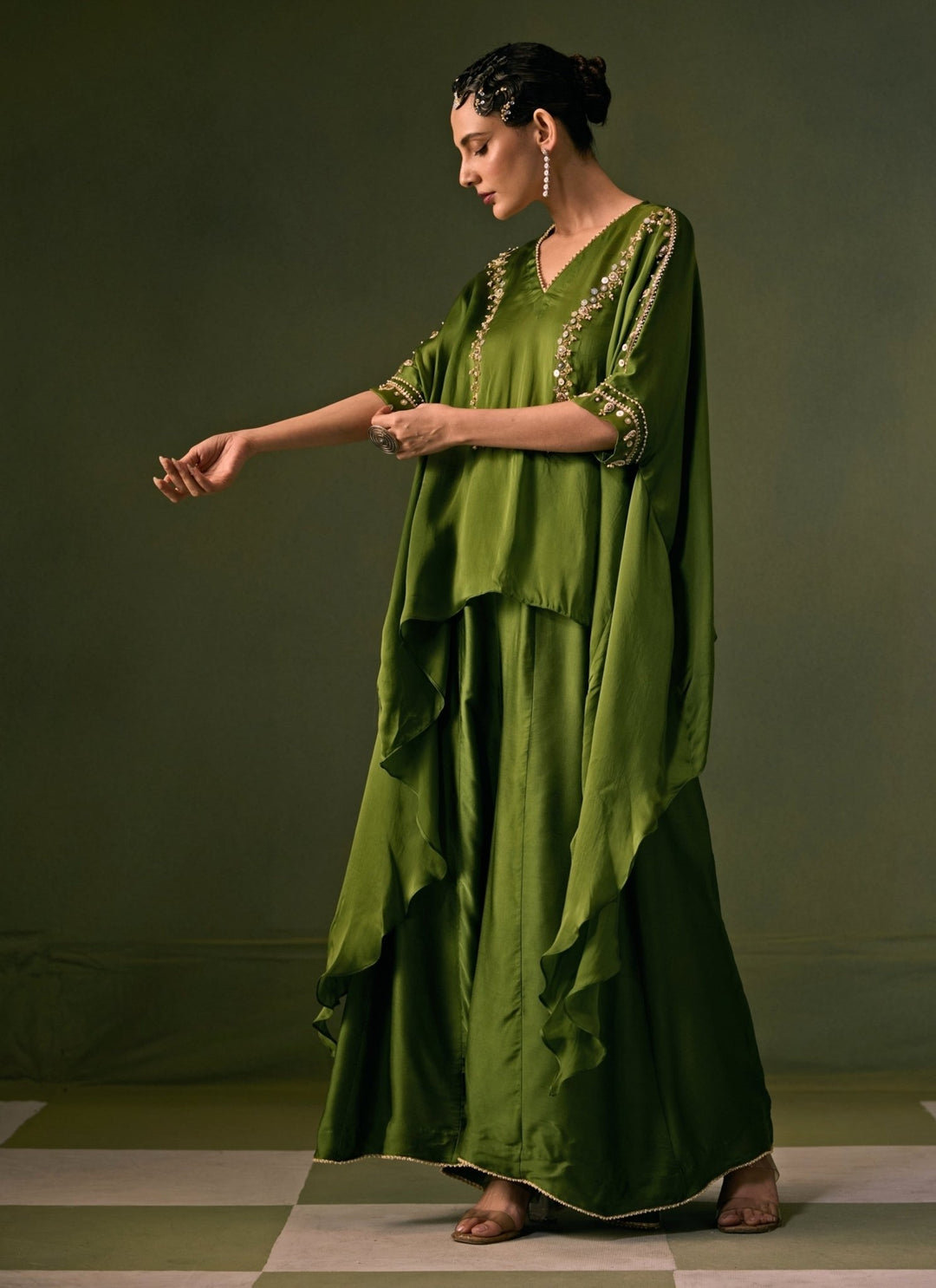 Prahnaaya Green Satin Flared Pants Set With Asymmetric TopFabilicious Fashion