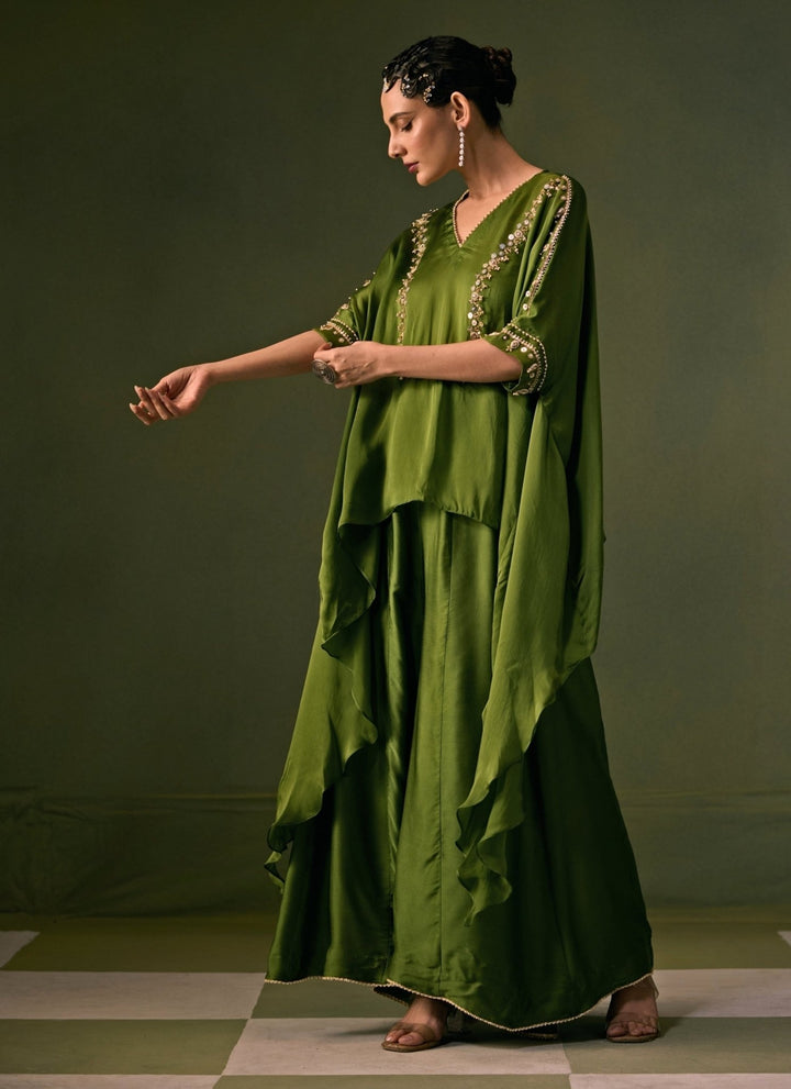 Prahnaaya Green Satin Flared Pants Set With Asymmetric TopFabilicious Fashion