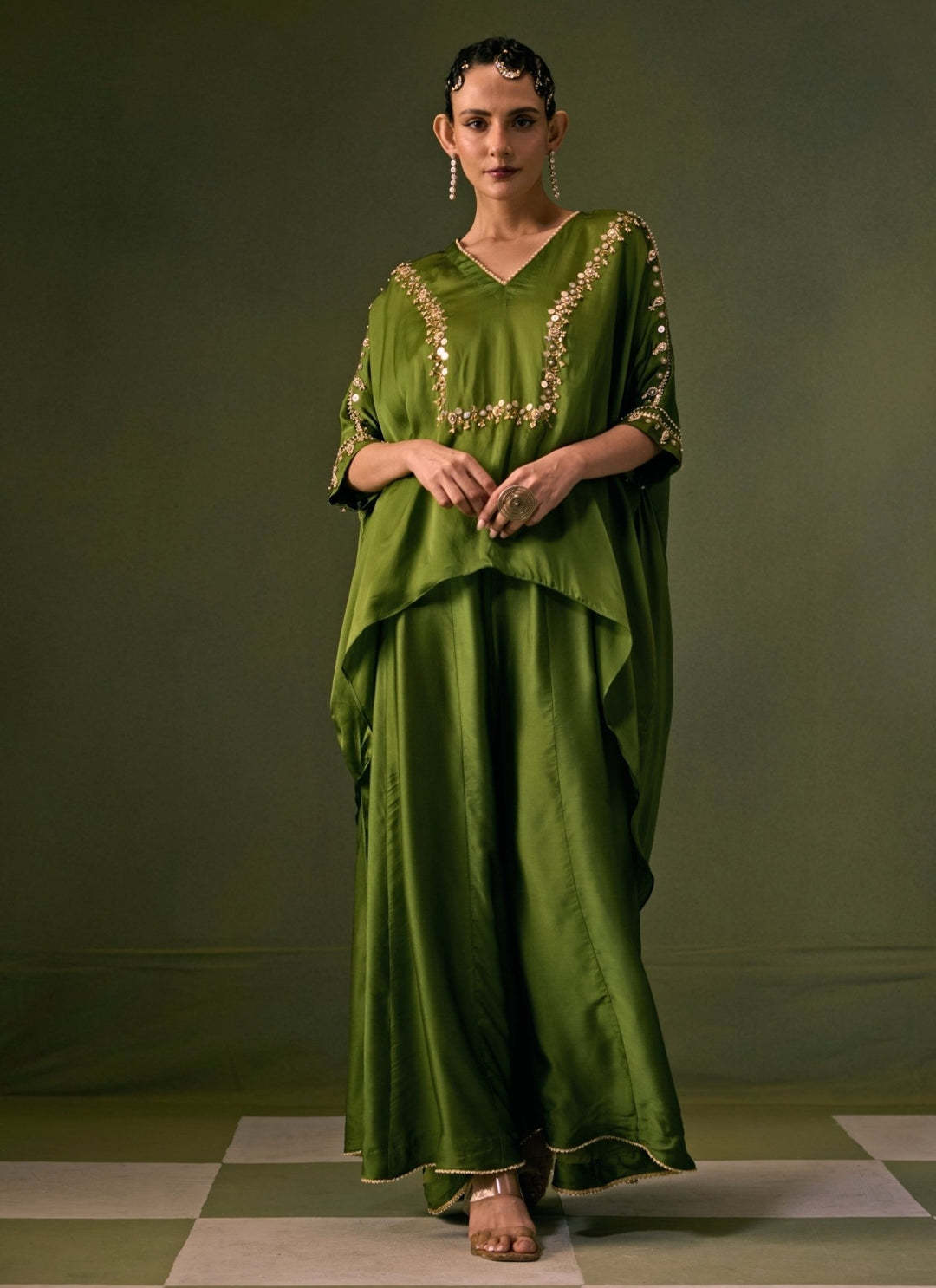 Prahnaaya Green Satin Flared Pants Set With Asymmetric TopFabilicious Fashion