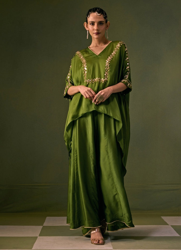 Prahnaaya Green Satin Flared Pants Set With Asymmetric TopFabilicious Fashion