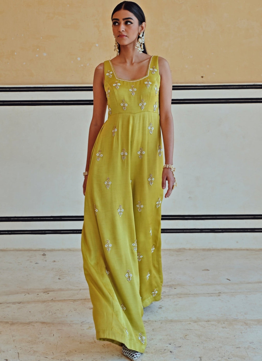 Green Satin Floral Embroidered Jumpsuit Ease - Fabilicious Fashion
