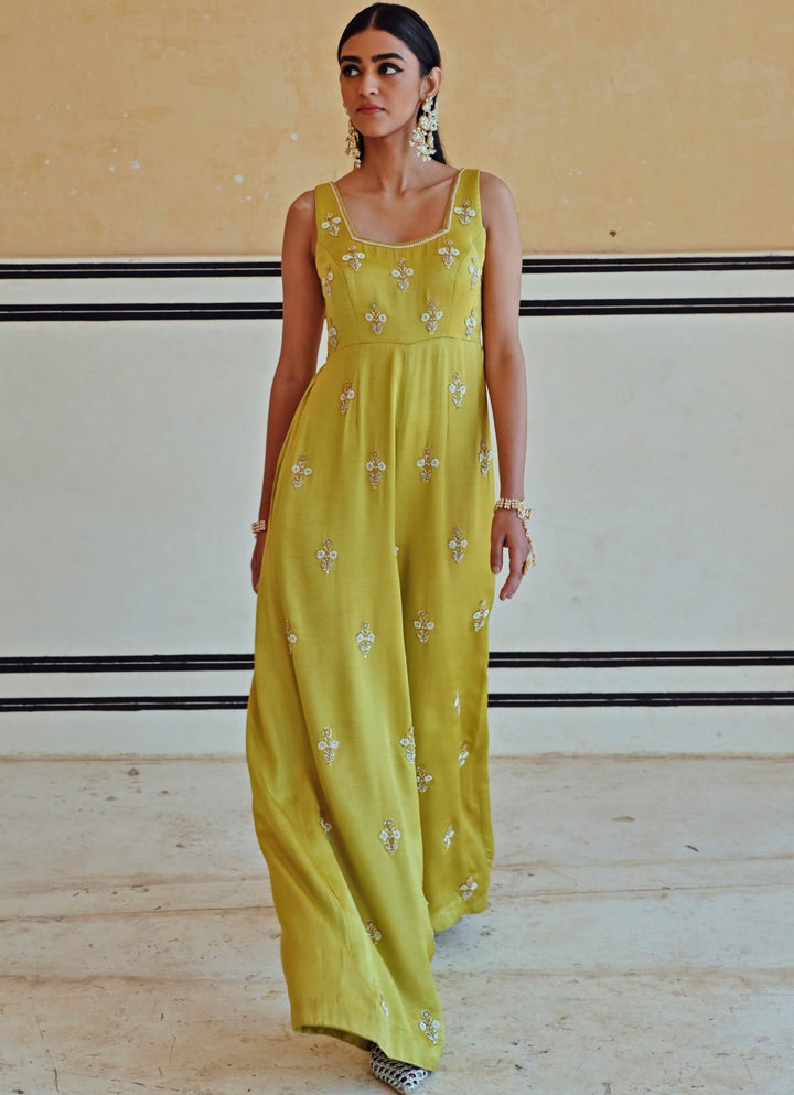 Green Satin Floral Embroidered Jumpsuit Ease - Fabilicious Fashion