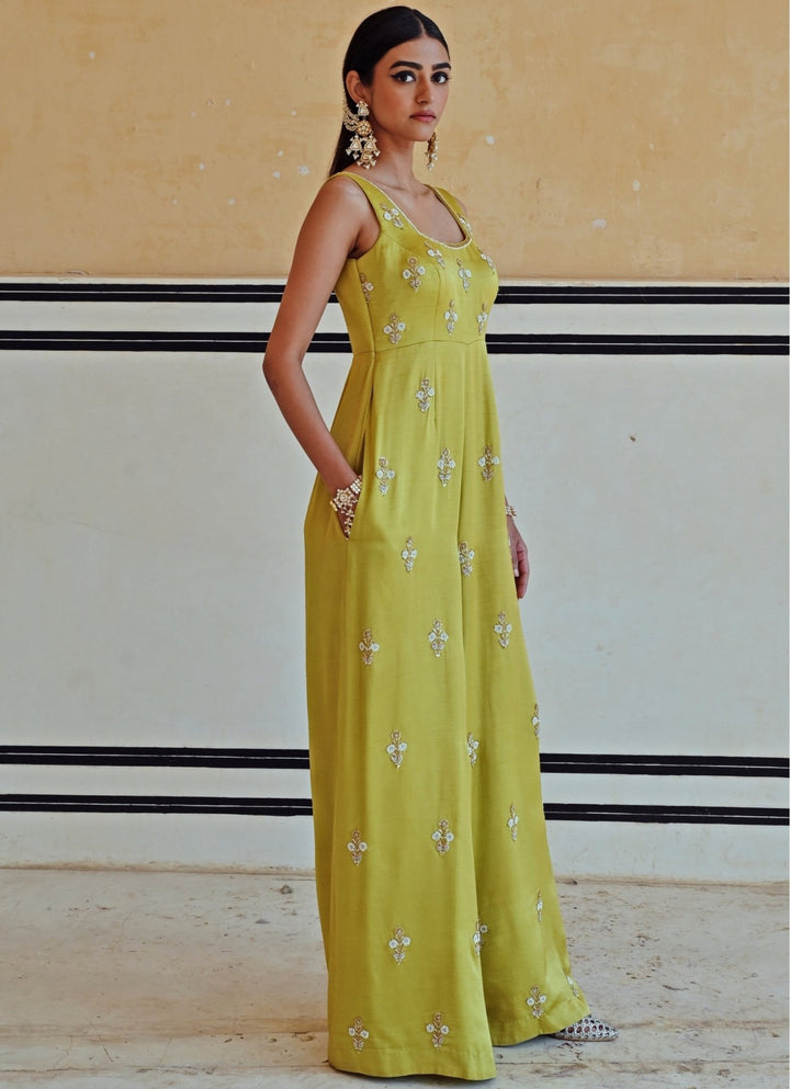Green Satin Floral Embroidered Jumpsuit Ease - Fabilicious Fashion
