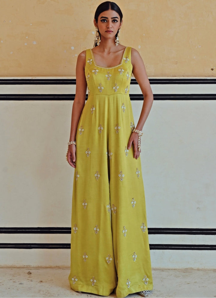 Green Satin Floral Embroidered Jumpsuit Ease - Fabilicious Fashion