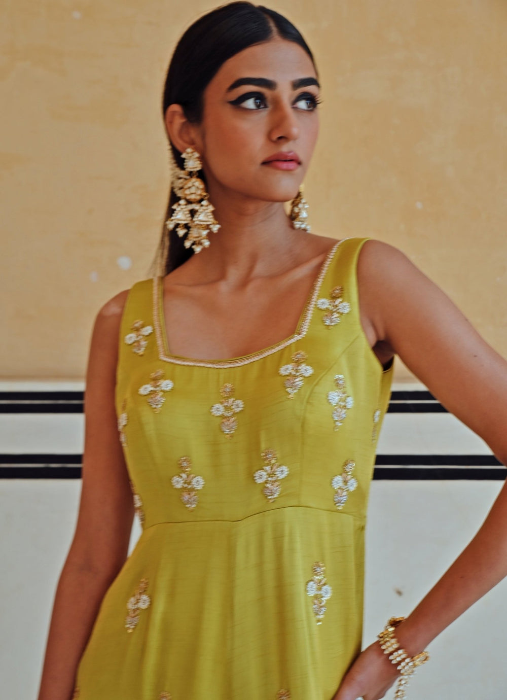 Green Satin Floral Embroidered Jumpsuit Ease - Fabilicious Fashion