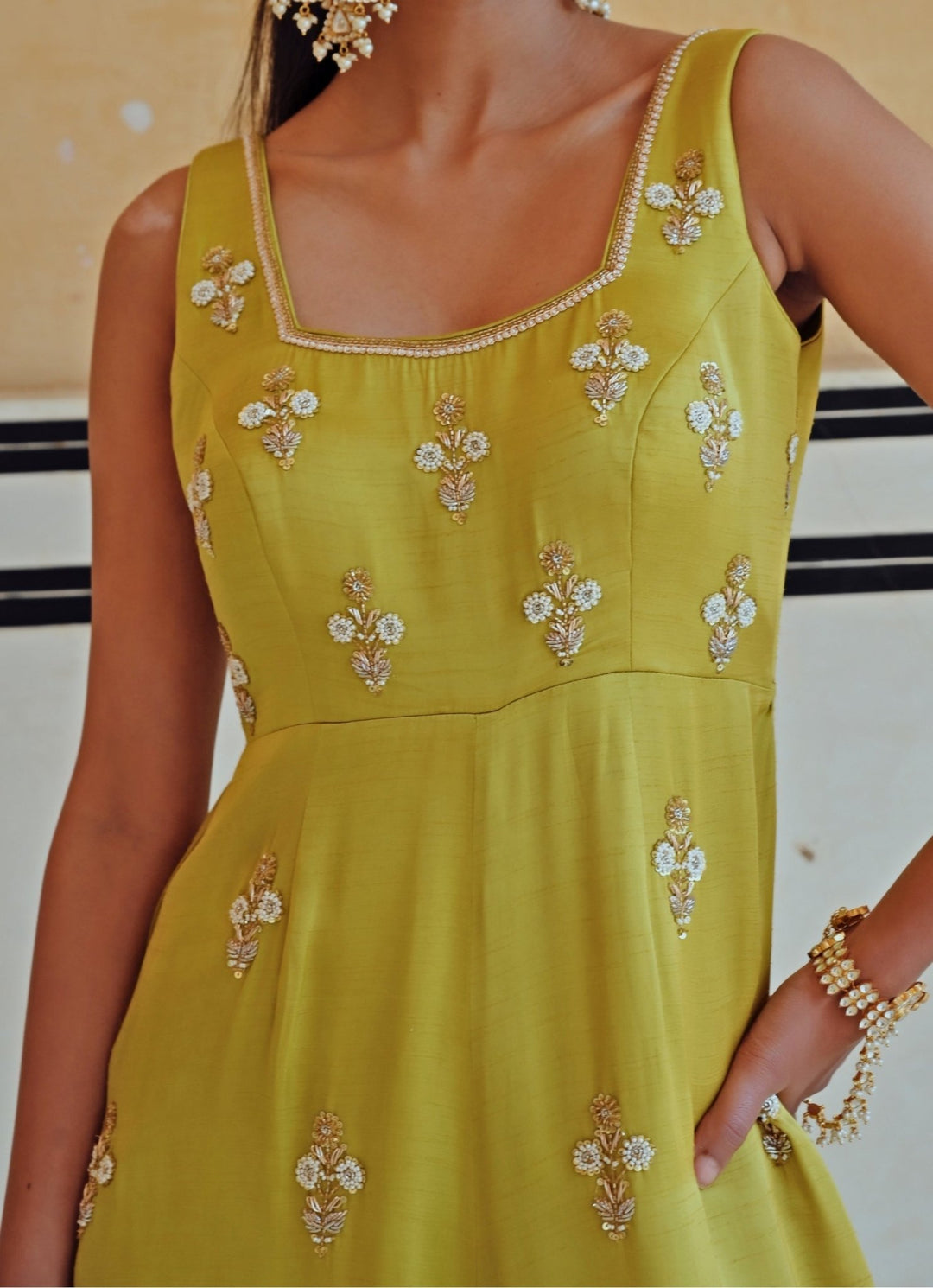 Green Satin Floral Embroidered Jumpsuit Ease - Fabilicious Fashion