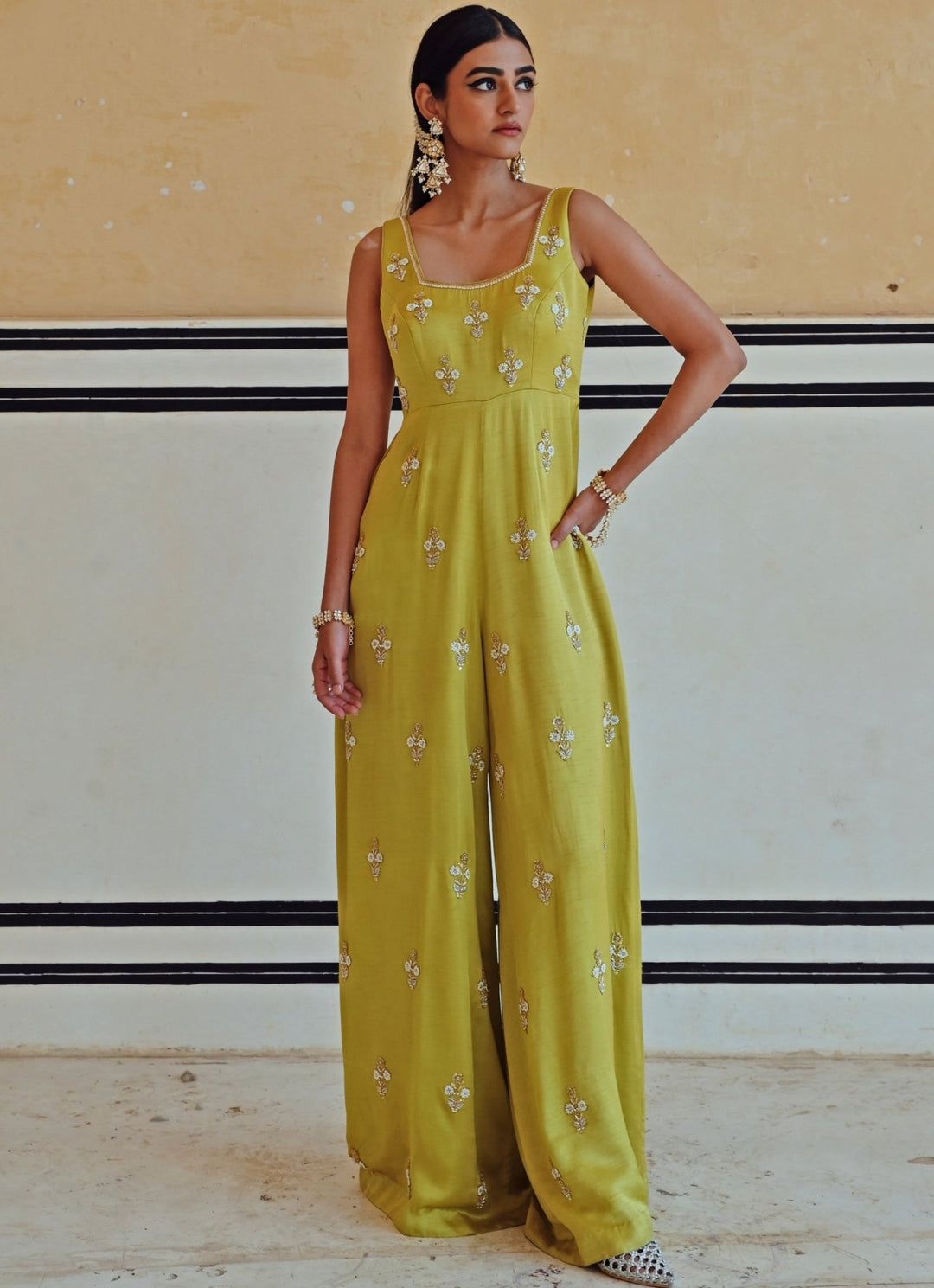 Green Satin Floral Embroidered Jumpsuit Ease - Fabilicious Fashion