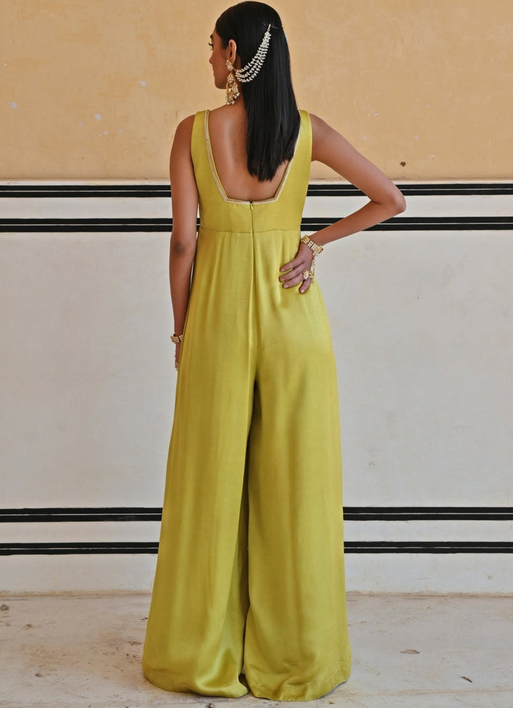 Green Satin Floral Embroidered Jumpsuit Ease - Fabilicious Fashion