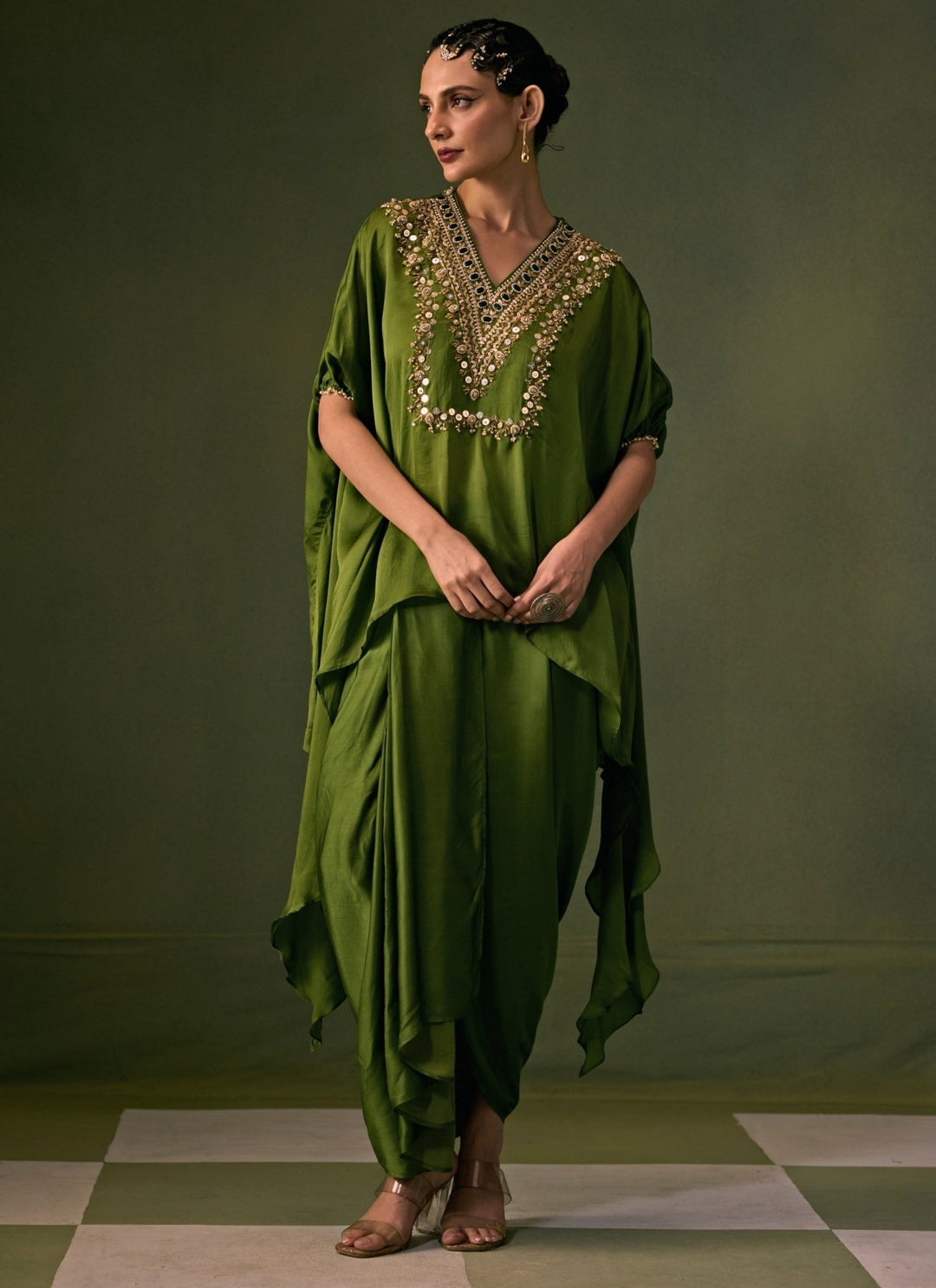 Prahnaaya Green Satin Pleated Skirt SetFabilicious Fashion