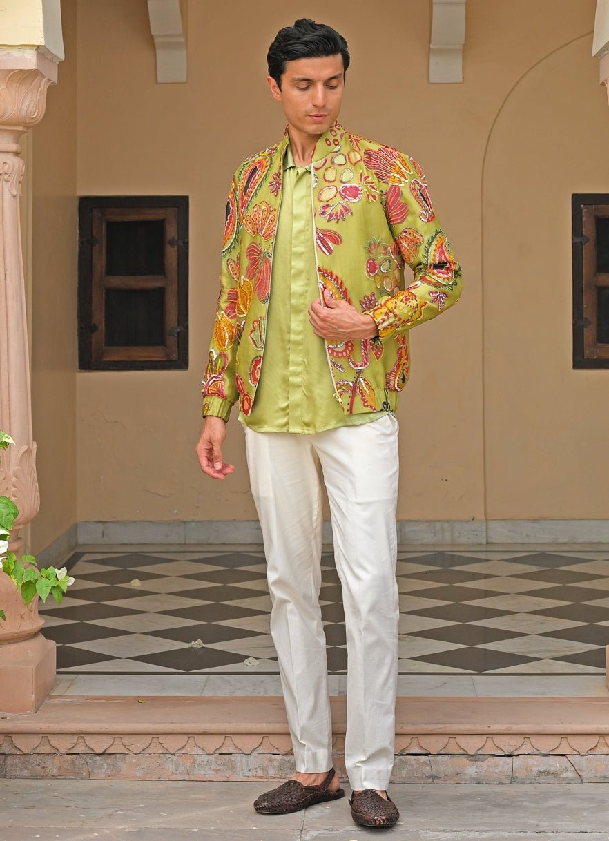 Green Satin Shirt Pants Set with Printed Shacket Juhi Bengani - Men - Fabilicious Fashion