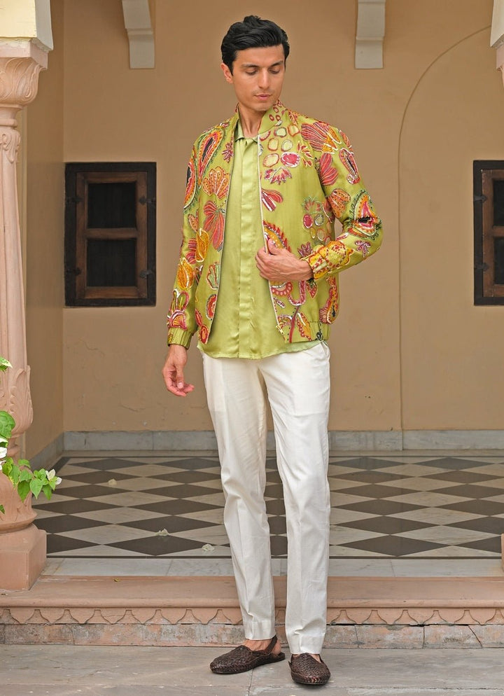 Green Satin Shirt Pants Set with Printed Shacket Juhi Bengani - Men - Fabilicious Fashion