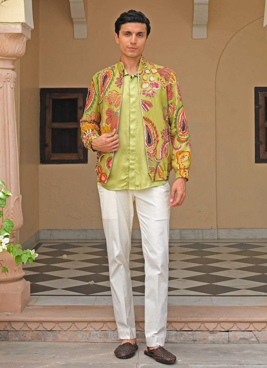 Green Satin Shirt Pants Set with Printed Shacket Juhi Bengani - Men - Fabilicious Fashion