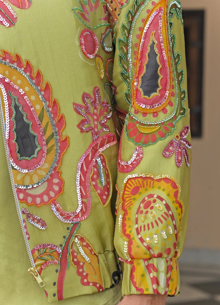 Green Satin Shirt Pants Set with Printed Shacket Juhi Bengani - Men - Fabilicious Fashion