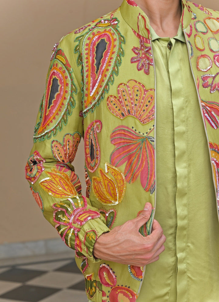 Green Satin Shirt Pants Set with Printed Shacket Juhi Bengani - Men - Fabilicious Fashion