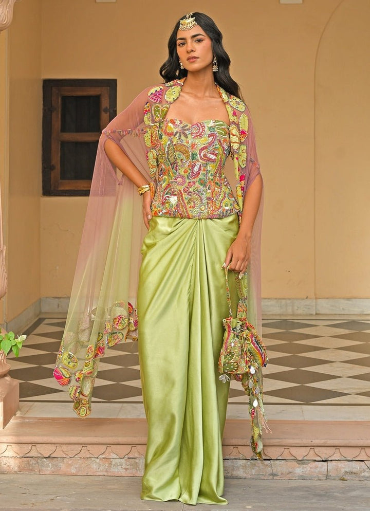 Green Satin Skirt Set With Corset And Cape Juhi Bengani - Fabilicious Fashion