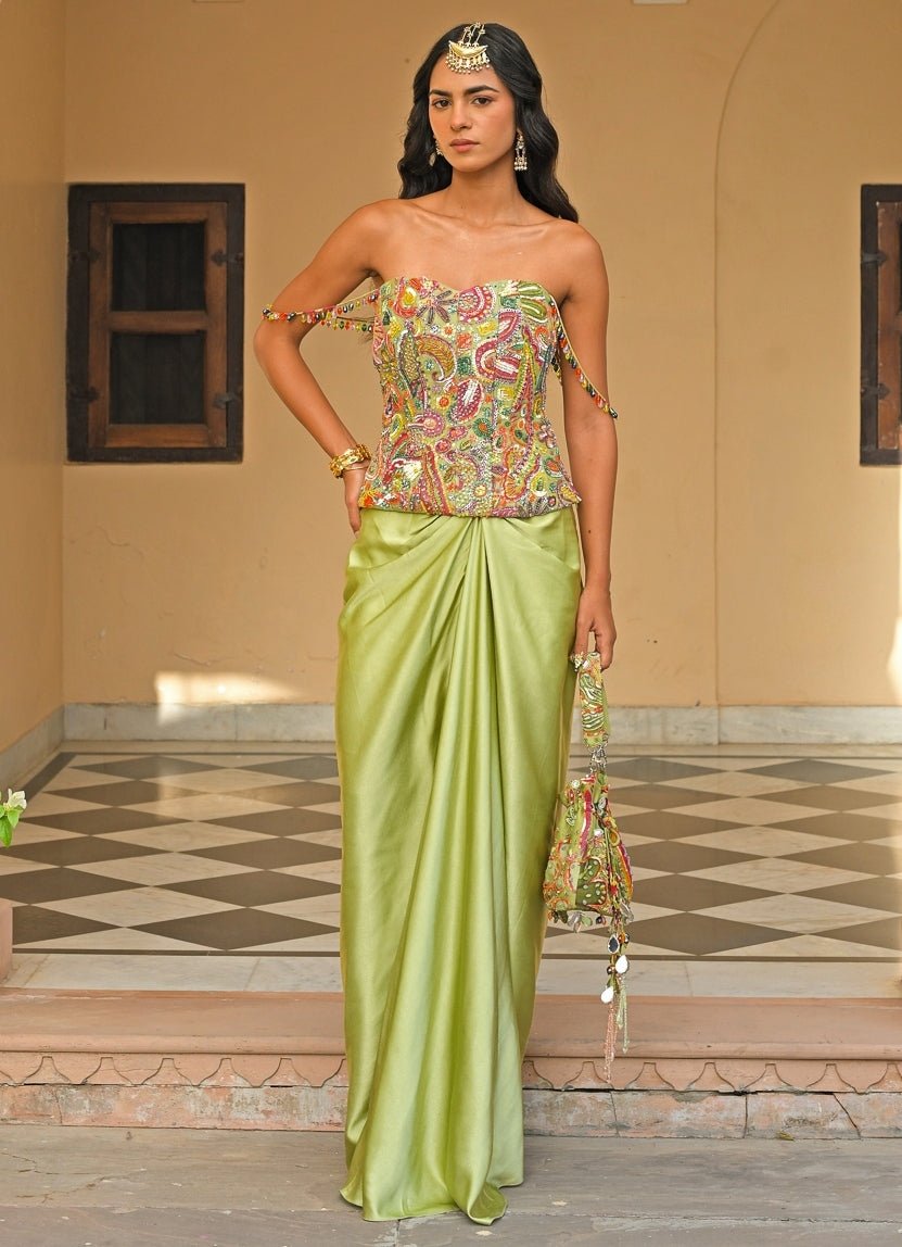 Green Satin Skirt Set With Corset And Cape Juhi Bengani - Fabilicious Fashion