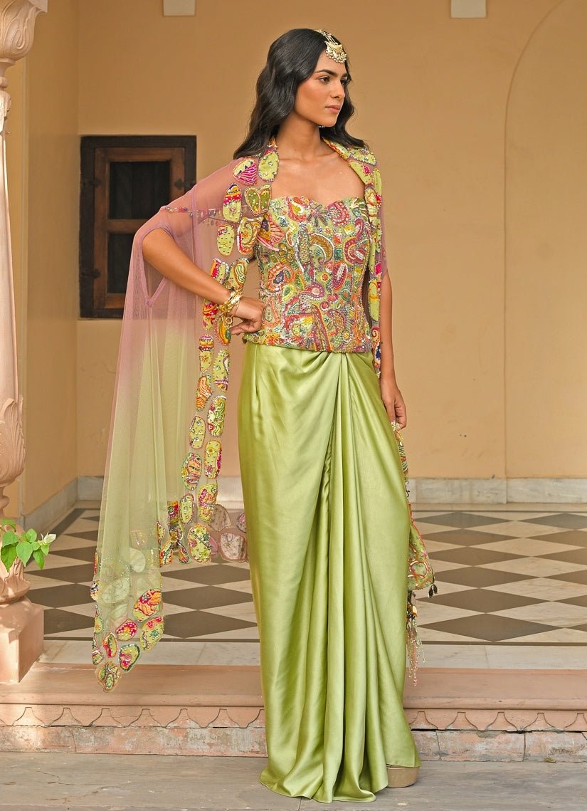 Green Satin Skirt Set With Corset And Cape Juhi Bengani - Fabilicious Fashion
