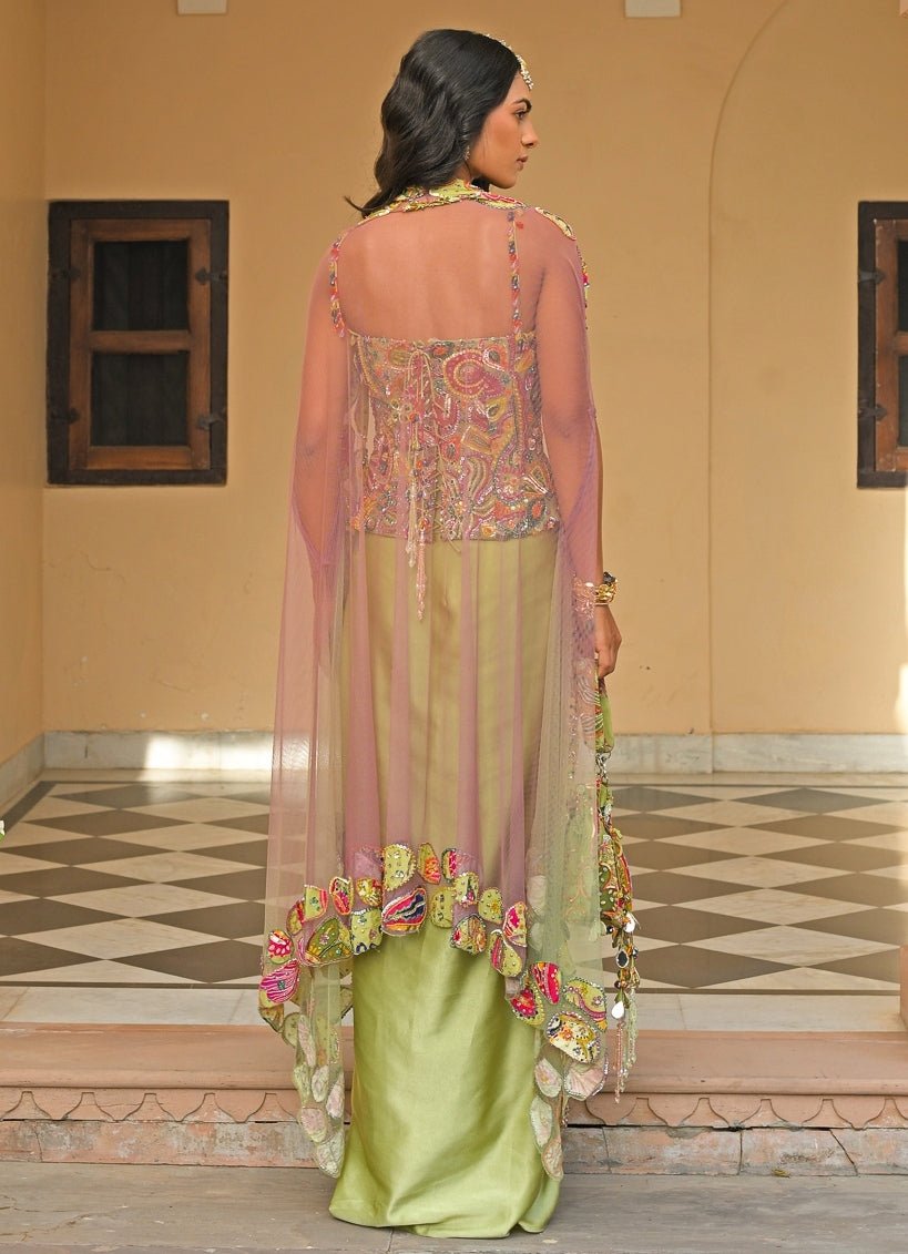 Green Satin Skirt Set With Corset And Cape Juhi Bengani - Fabilicious Fashion
