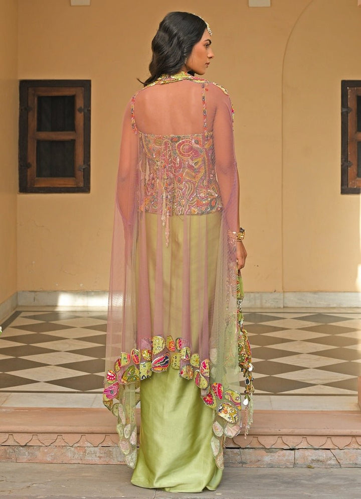 Green Satin Skirt Set With Corset And Cape Juhi Bengani - Fabilicious Fashion