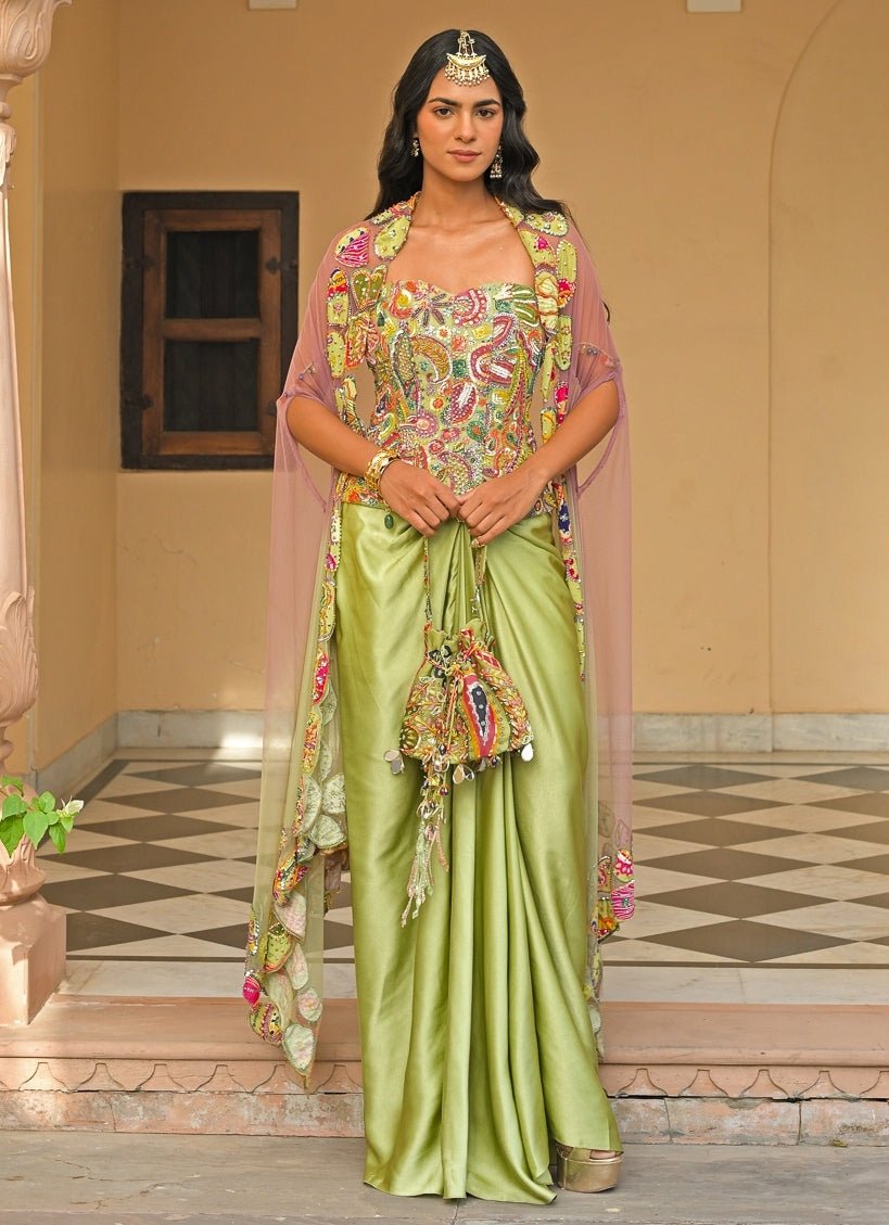 Green Satin Skirt Set With Corset And Cape Juhi Bengani - Fabilicious Fashion