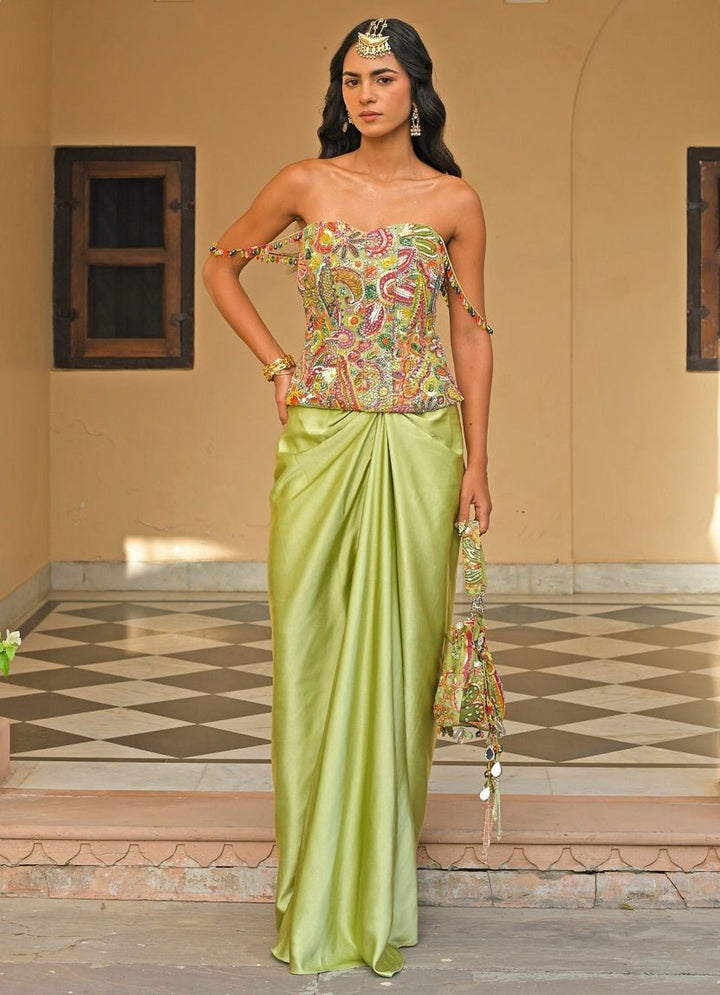 Green Satin Skirt Set With Corset Juhi Bengani - Fabilicious Fashion