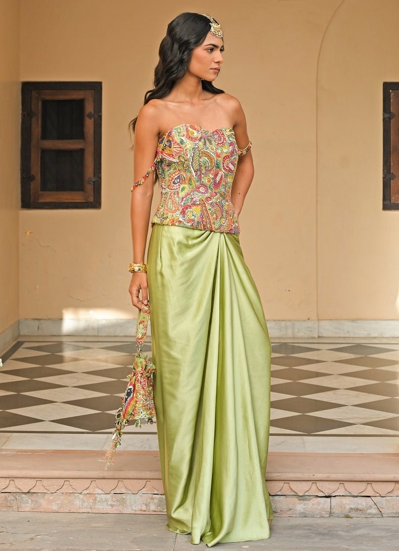 Green Satin Skirt Set With Corset Juhi Bengani - Fabilicious Fashion
