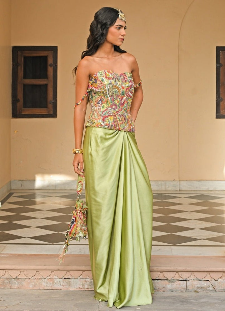 Green Satin Skirt Set With Corset Juhi Bengani - Fabilicious Fashion