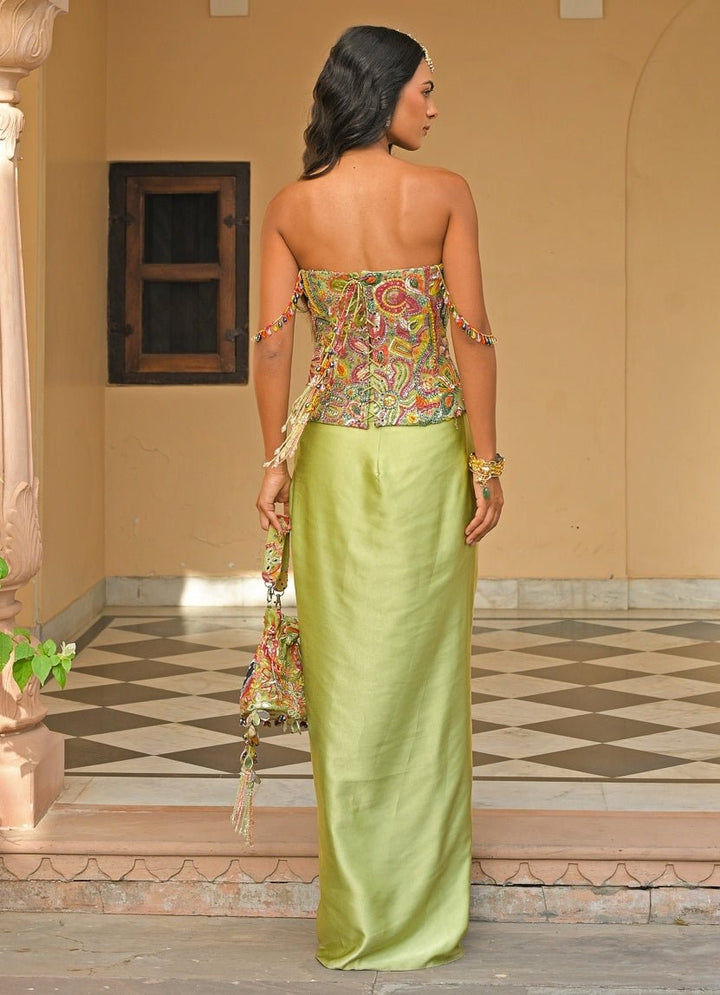 Green Satin Skirt Set With Corset Juhi Bengani - Fabilicious Fashion