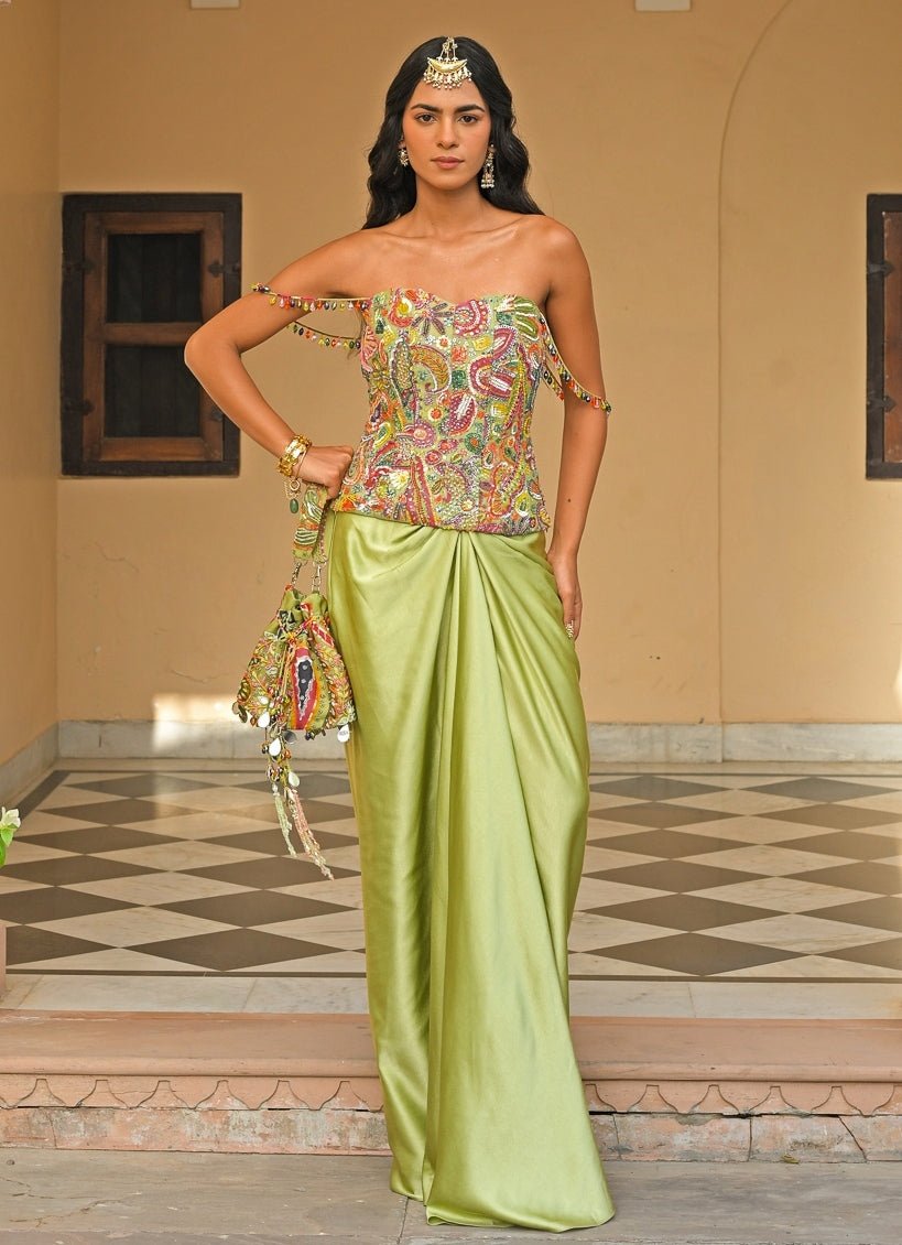 Green Satin Skirt Set With Corset Juhi Bengani - Fabilicious Fashion