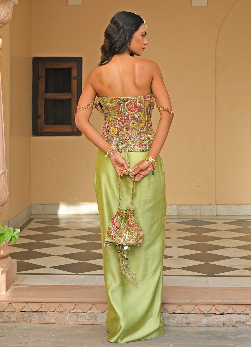 Green Satin Skirt Set With Corset Juhi Bengani - Fabilicious Fashion