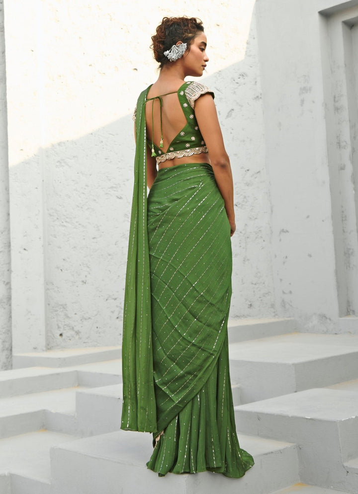 Green Sequin Embroidered Pre Stitched Georgette Saree Chamee and Palak - Fabilicious Fashion