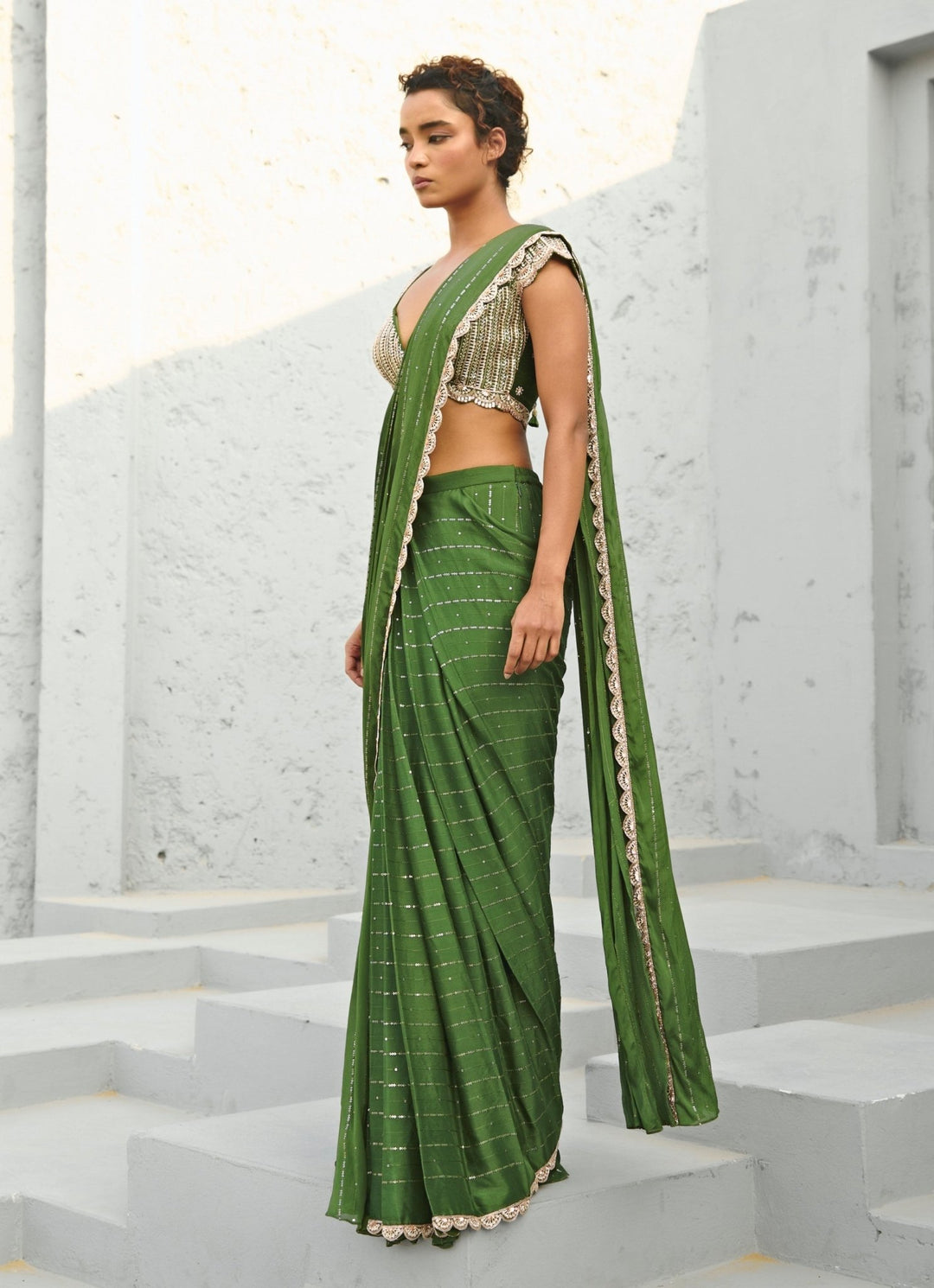 Green Sequin Embroidered Pre Stitched Georgette Saree Chamee and Palak - Fabilicious Fashion